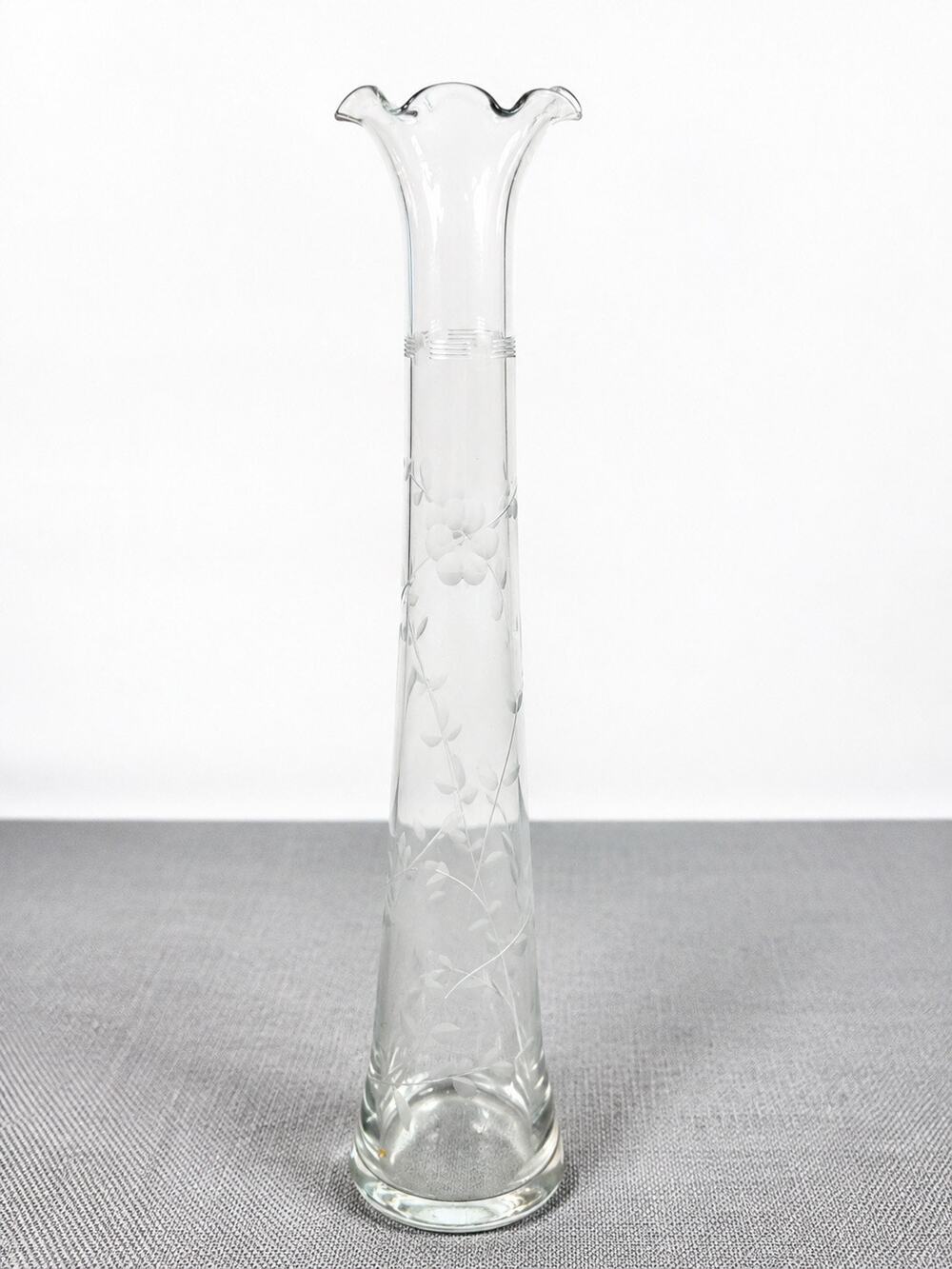 Vintage Etched Clear Glass Bud Vase 10 Inch Ruffled Flared Rim Floral Design